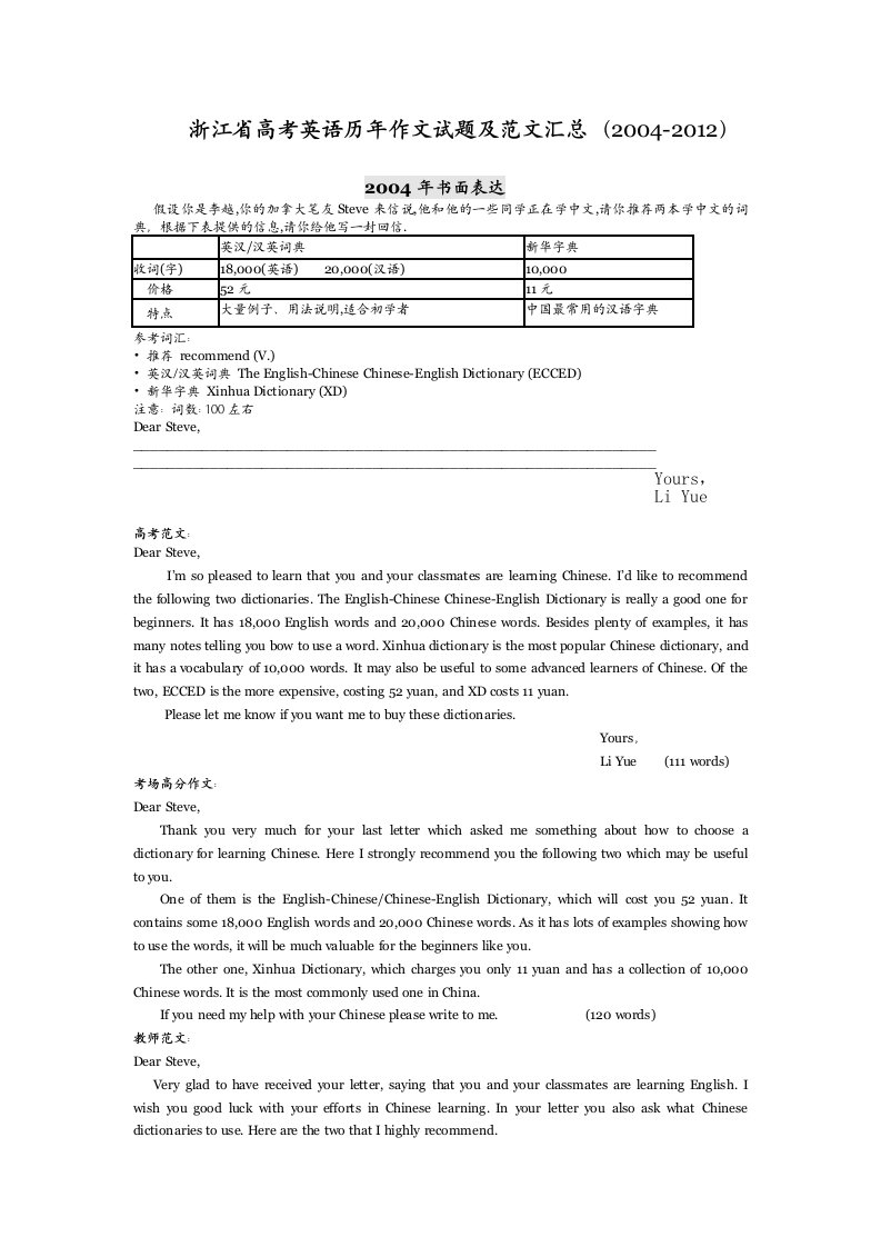 浙江省历年英语高考作文试题及范文