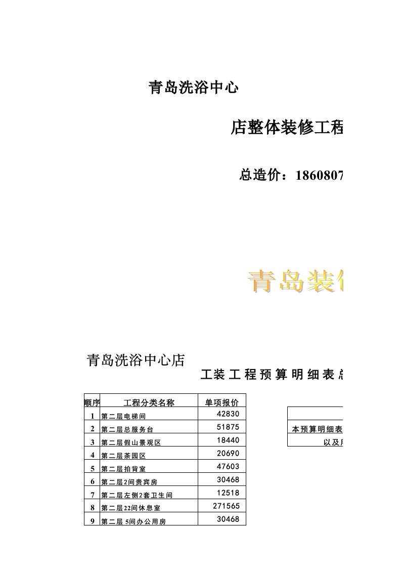 洗浴工装预算报价范本重点