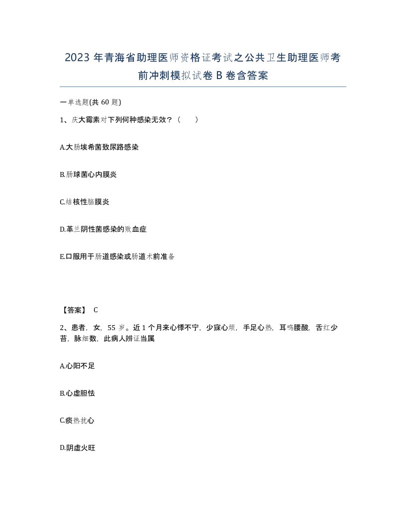 2023年青海省助理医师资格证考试之公共卫生助理医师考前冲刺模拟试卷B卷含答案