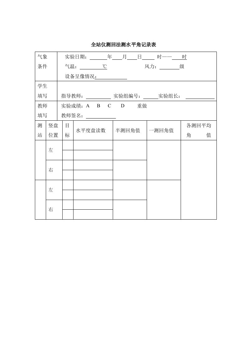 全站仪测回法测水平角记录表