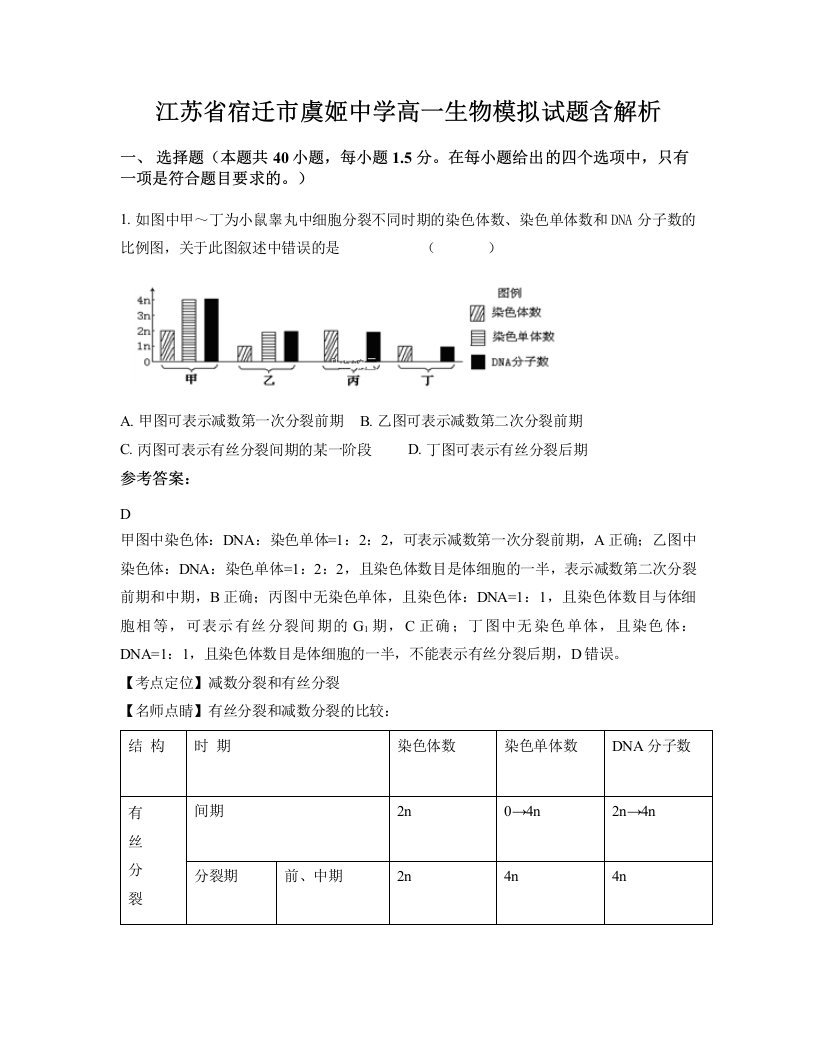 江苏省宿迁市虞姬中学高一生物模拟试题含解析