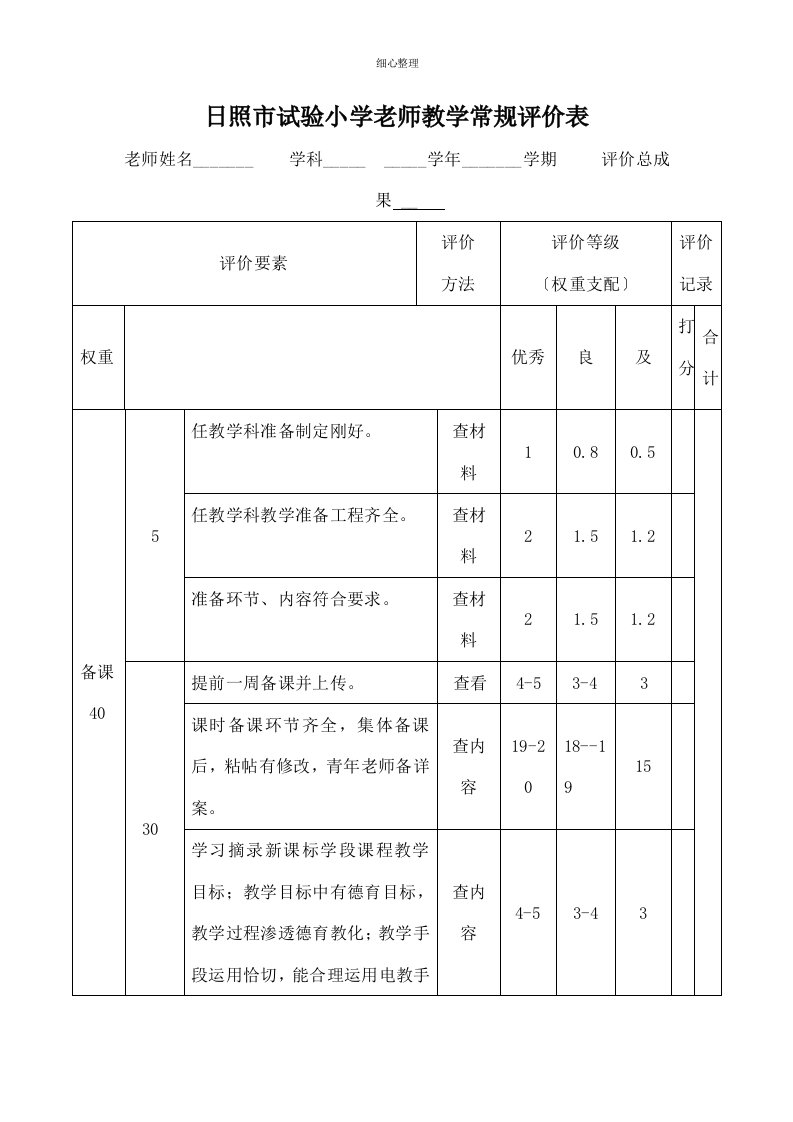 教学常规检查表综合表