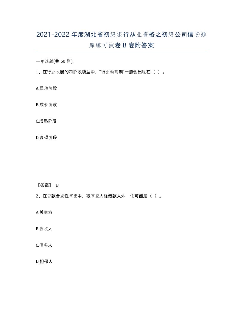 2021-2022年度湖北省初级银行从业资格之初级公司信贷题库练习试卷B卷附答案