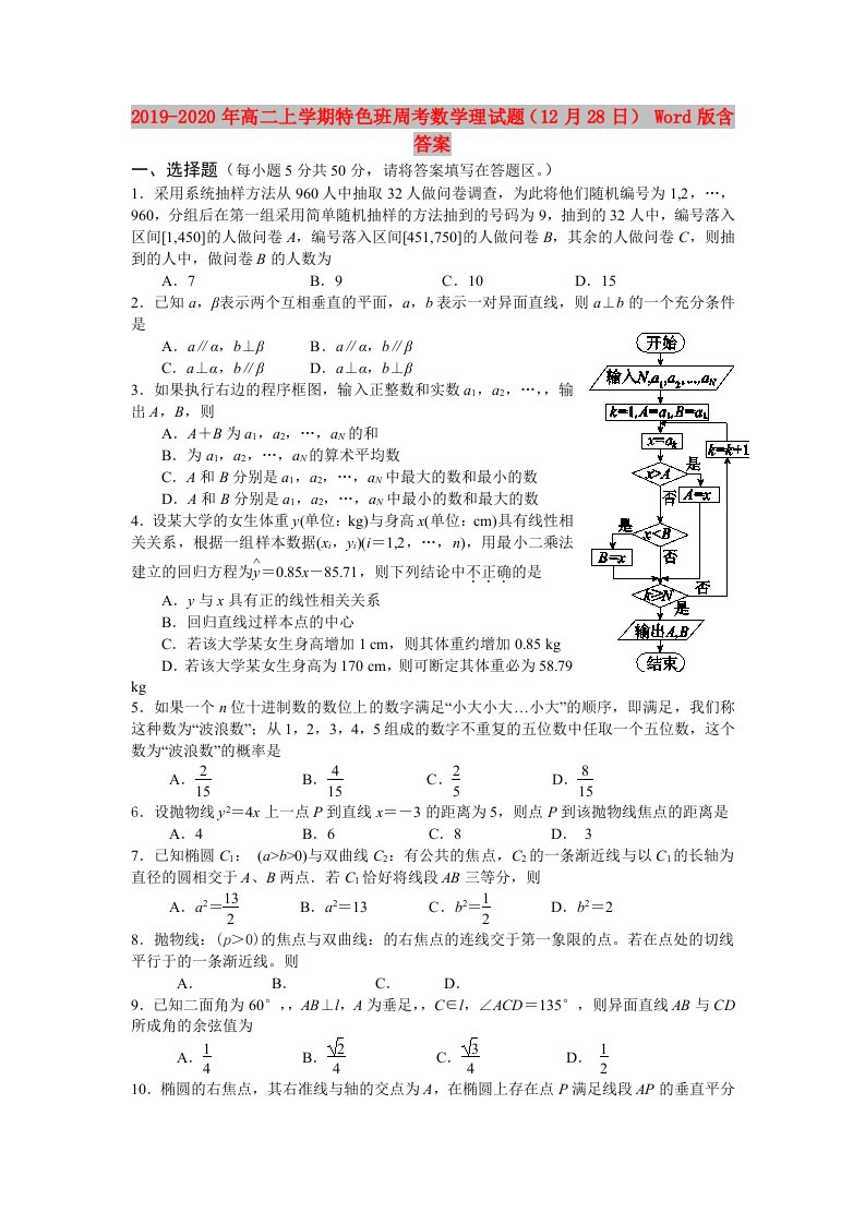 2019-2020年高二上学期特色班周考数学理试题（12月28日）