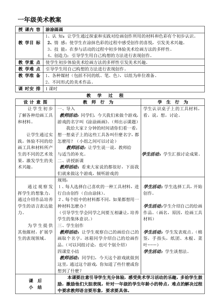 辽海版小学一年级美术下册全册教案