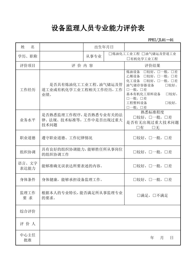 设备监理人员专业能力评价表