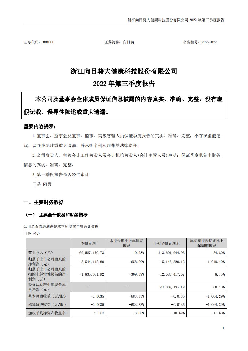 深交所-向日葵：2022年三季度报告-20221027