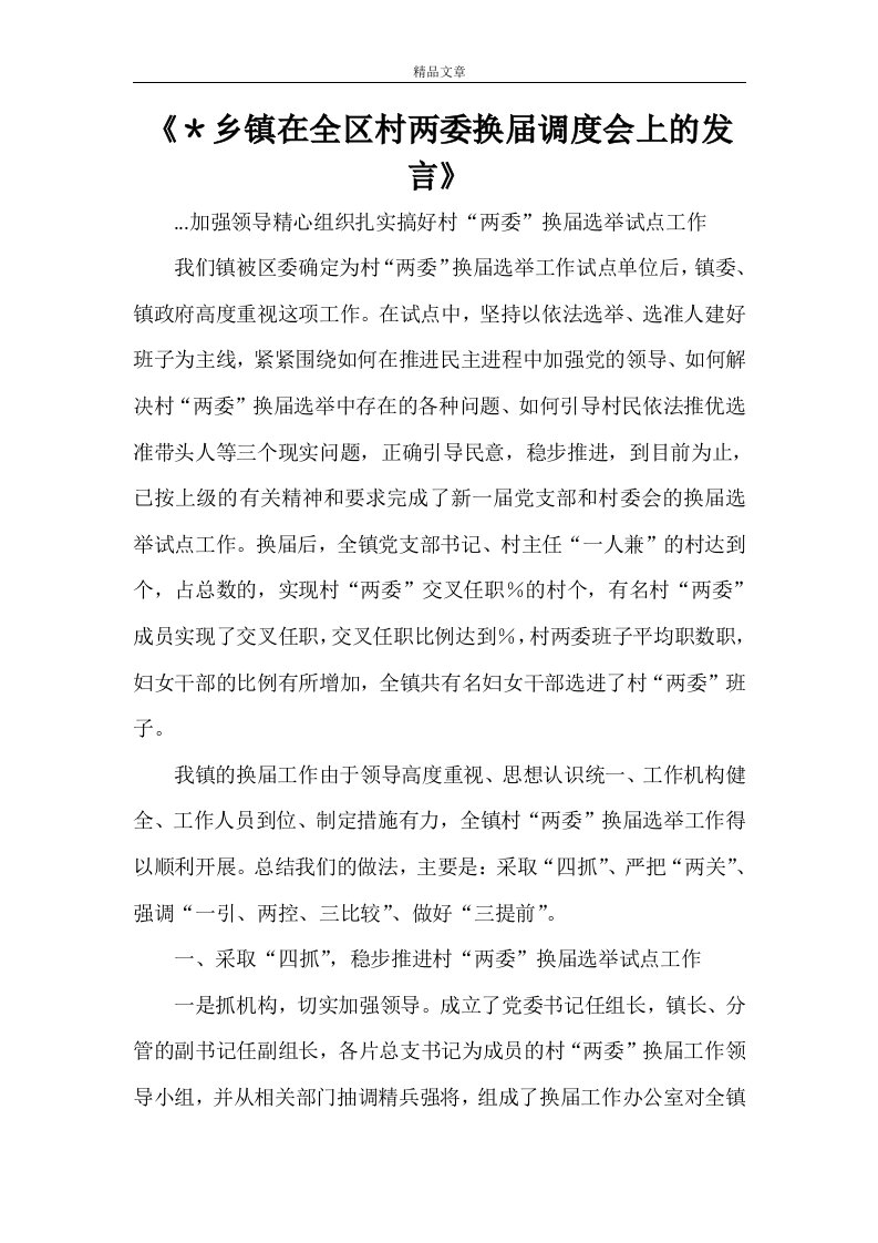 《＊乡镇在全区村两委换届调度会上的发言》