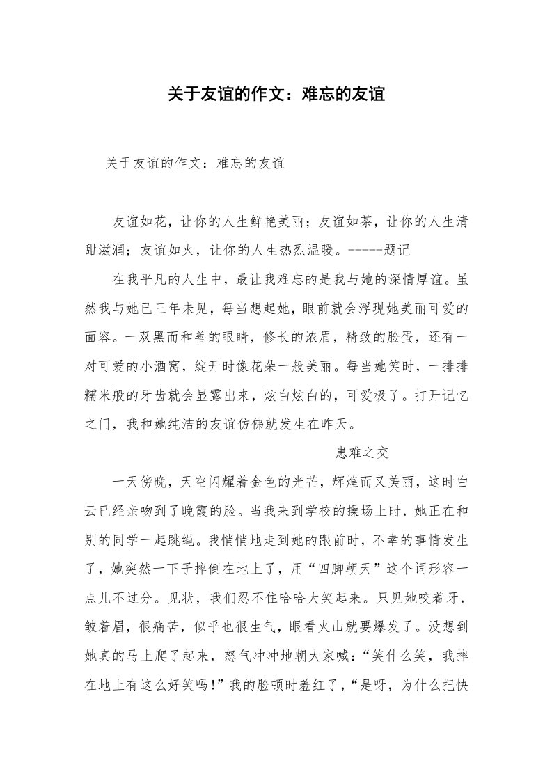 关于友谊的作文：难忘的友谊