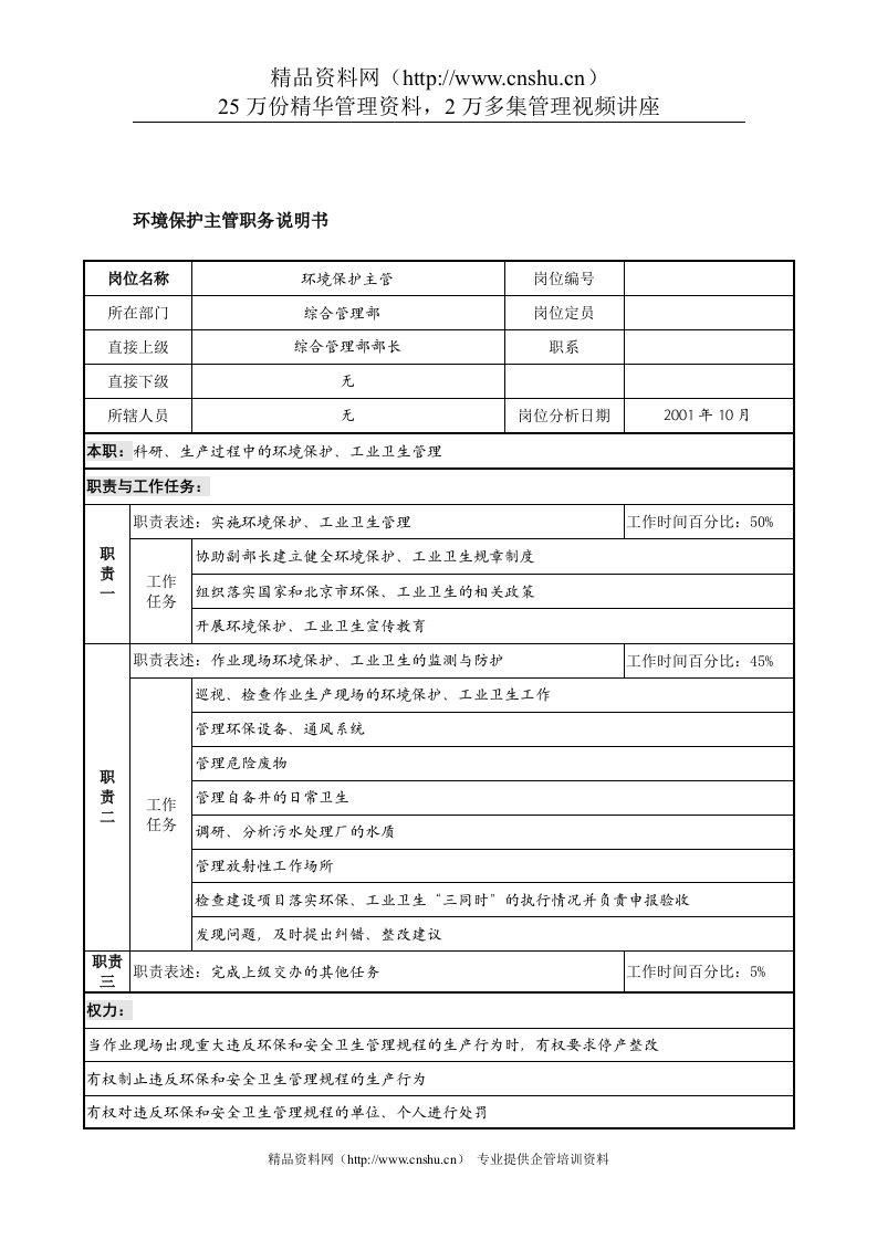 航材院综合管理部环境保护主管职务说明书