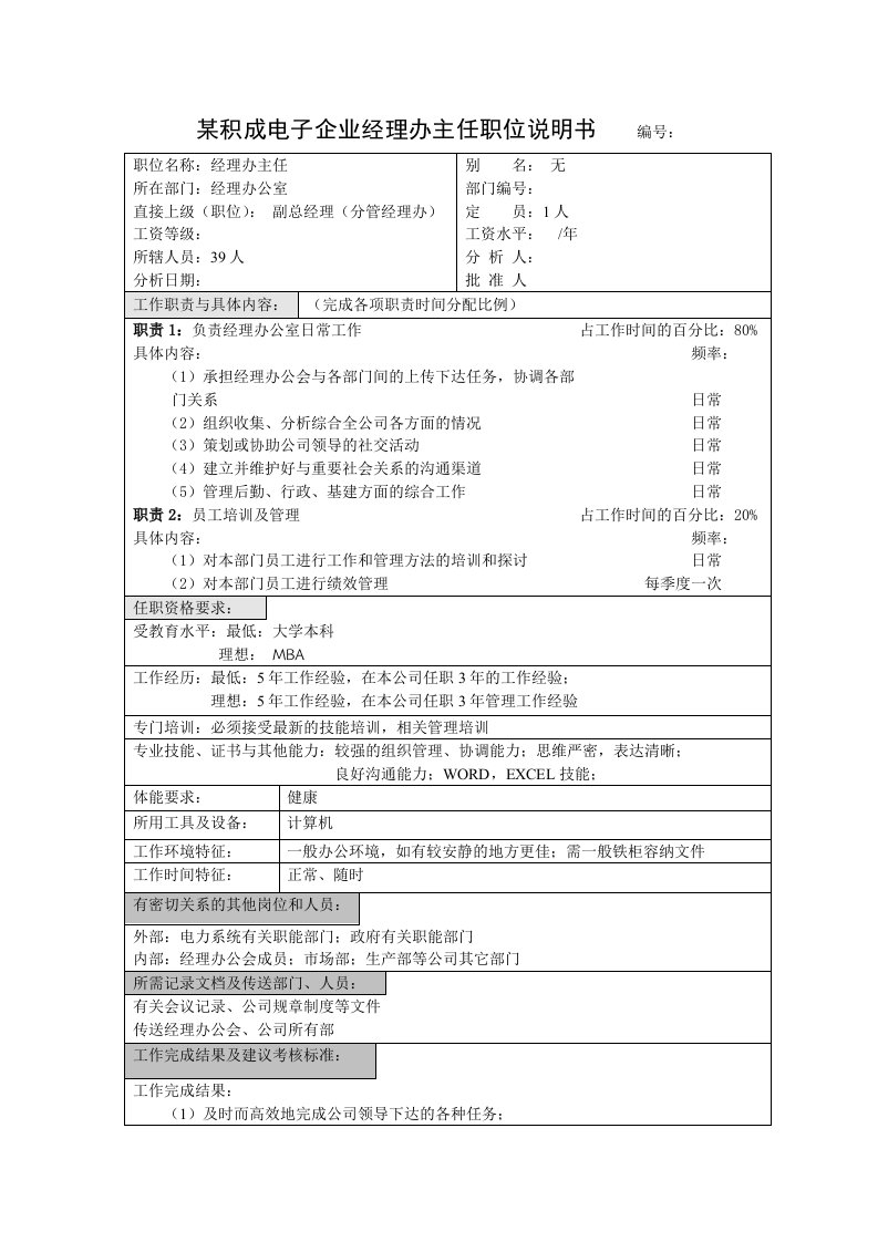 积成电子企业经理办主任职位说明书