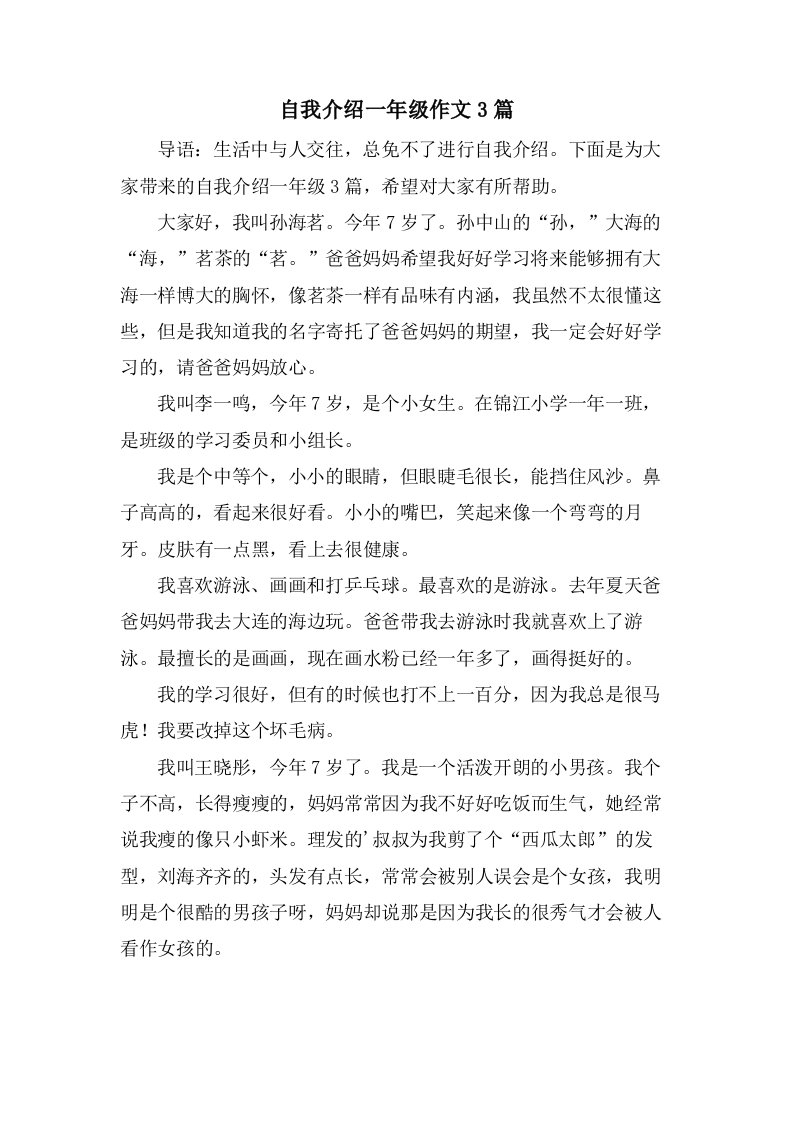 自我介绍一年级作文3篇