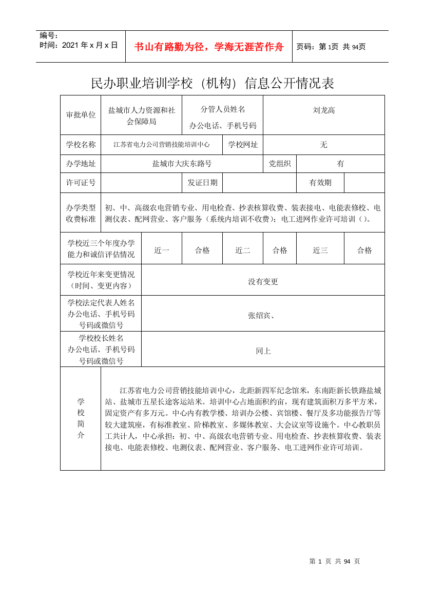 民办职业培训学校(机构)信息公开情况表(DOC89页)