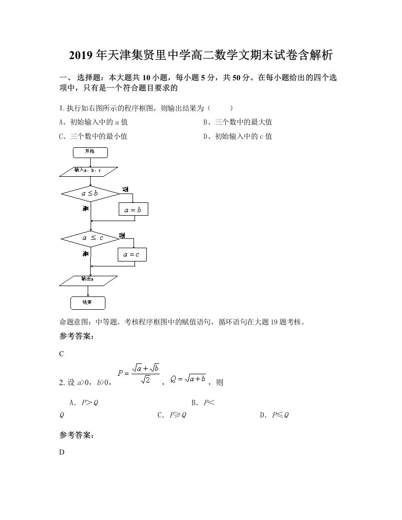 2019年天津集贤里中学高二数学文期末试卷含解析