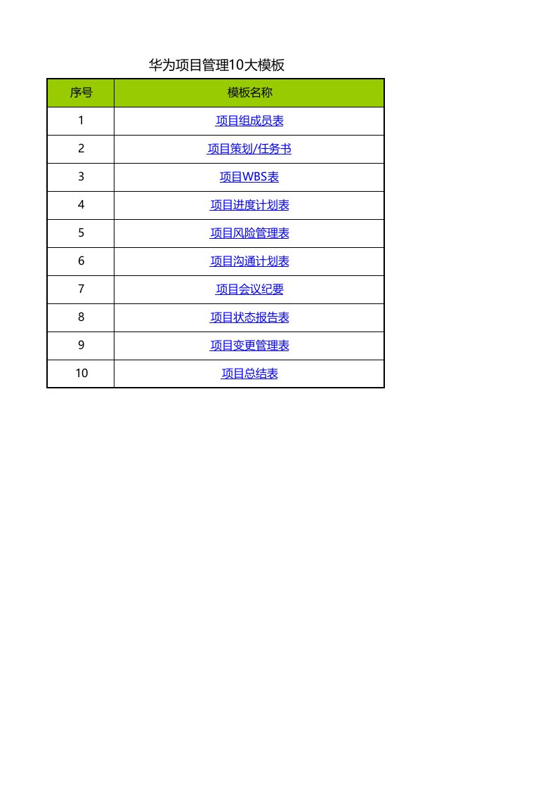 华为项目管理10大模板Excel版(可直接套用