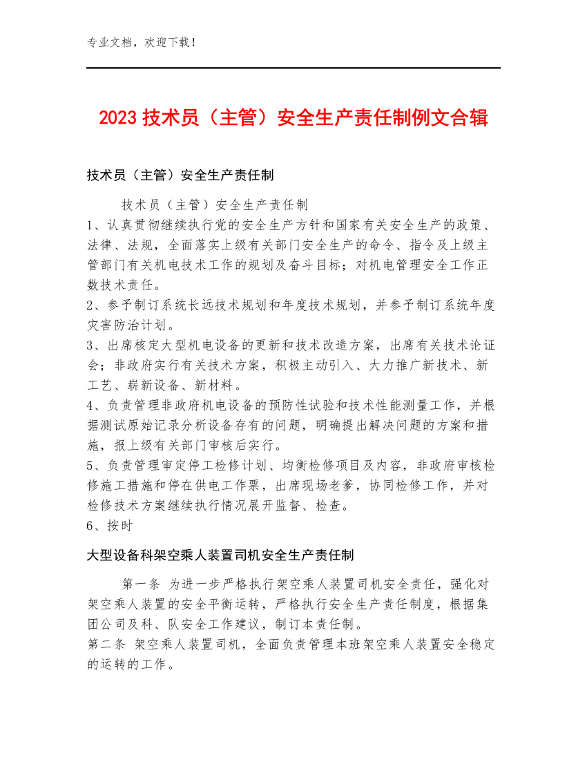 2023技术员（主管）安全生产责任制例文合辑