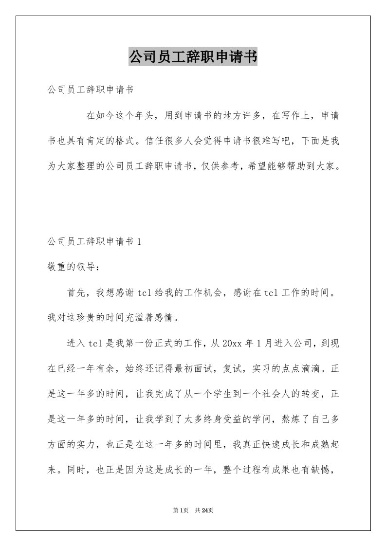 公司员工辞职申请书例文1