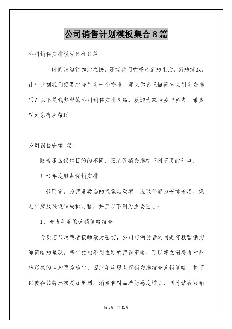 公司销售计划模板集合8篇范本