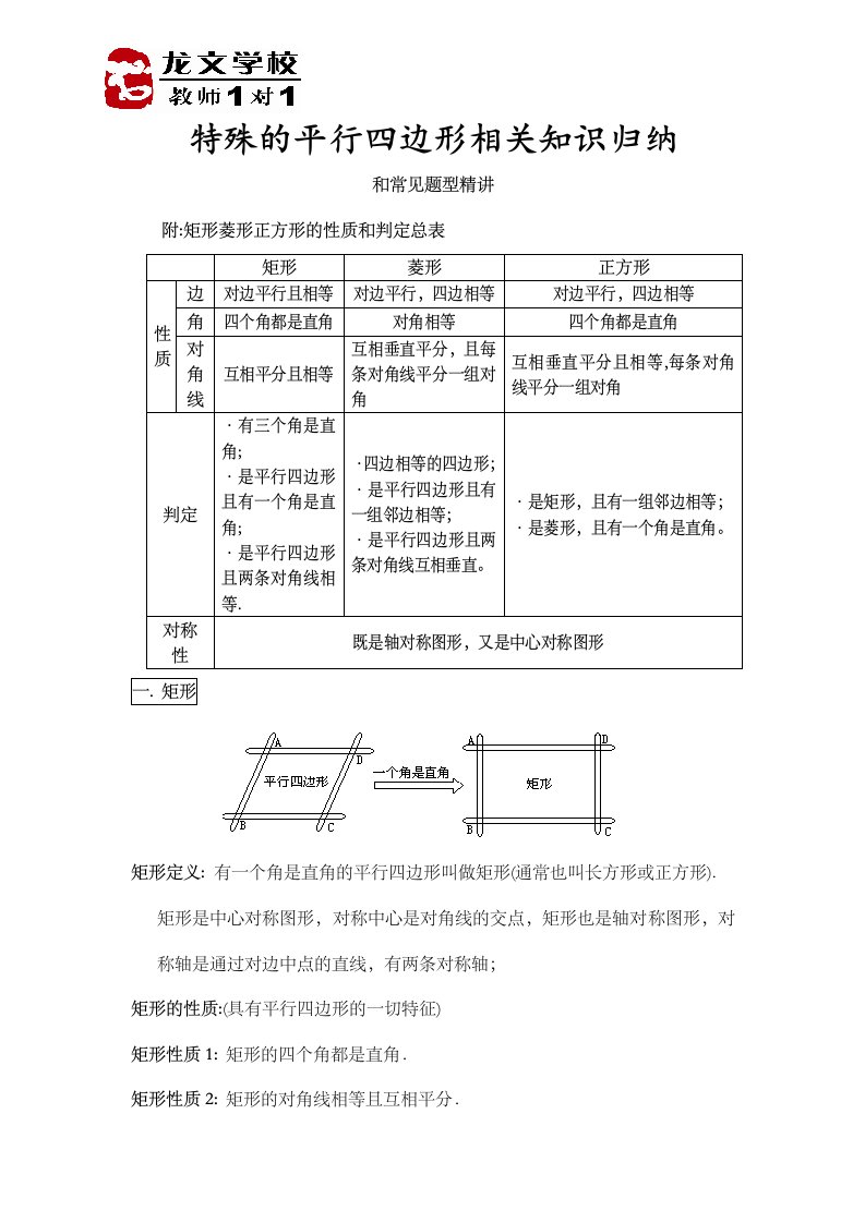 人教八年级数学特殊平行四边形相关知识归纳总结和例题精讲