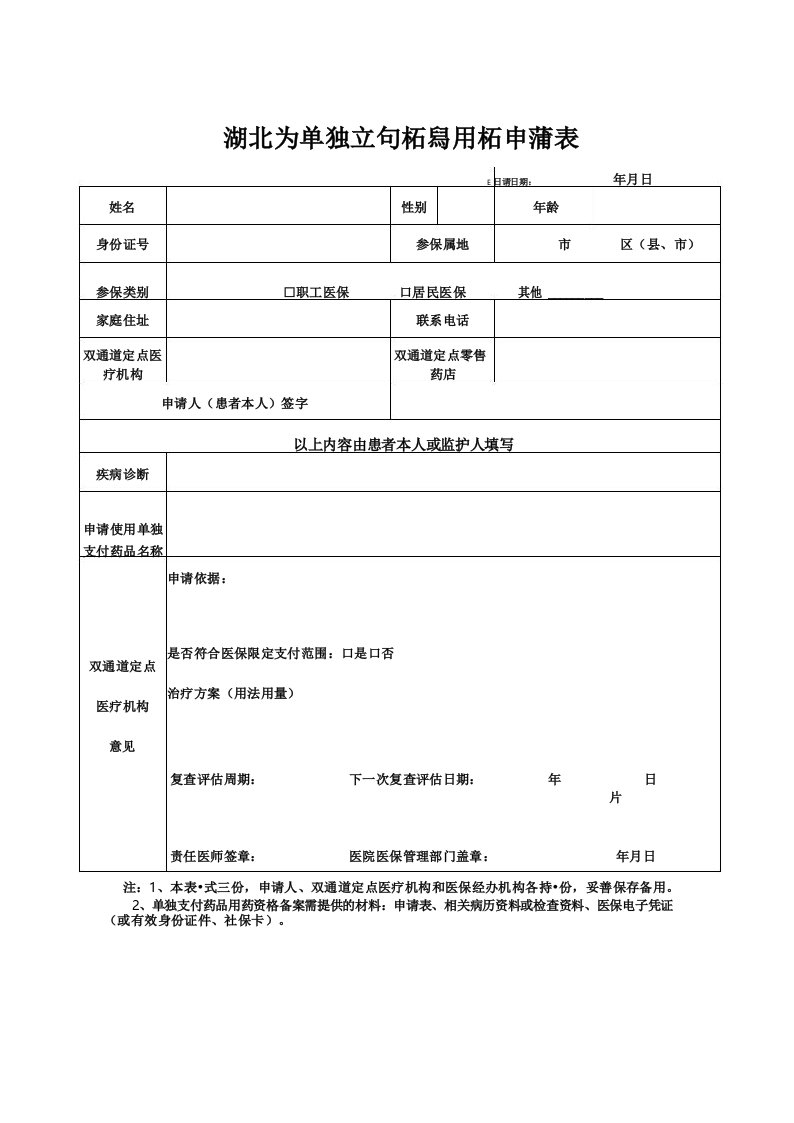 湖北省单独支付药品用药申请表