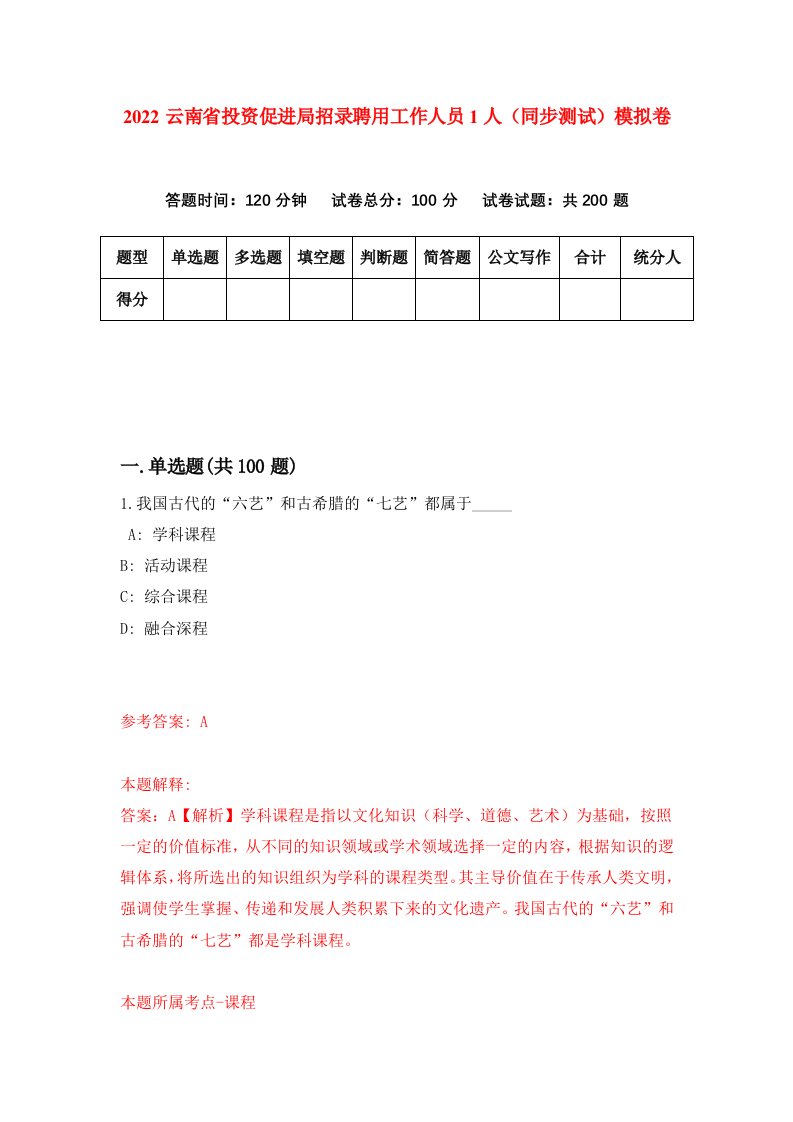 2022云南省投资促进局招录聘用工作人员1人同步测试模拟卷第45版