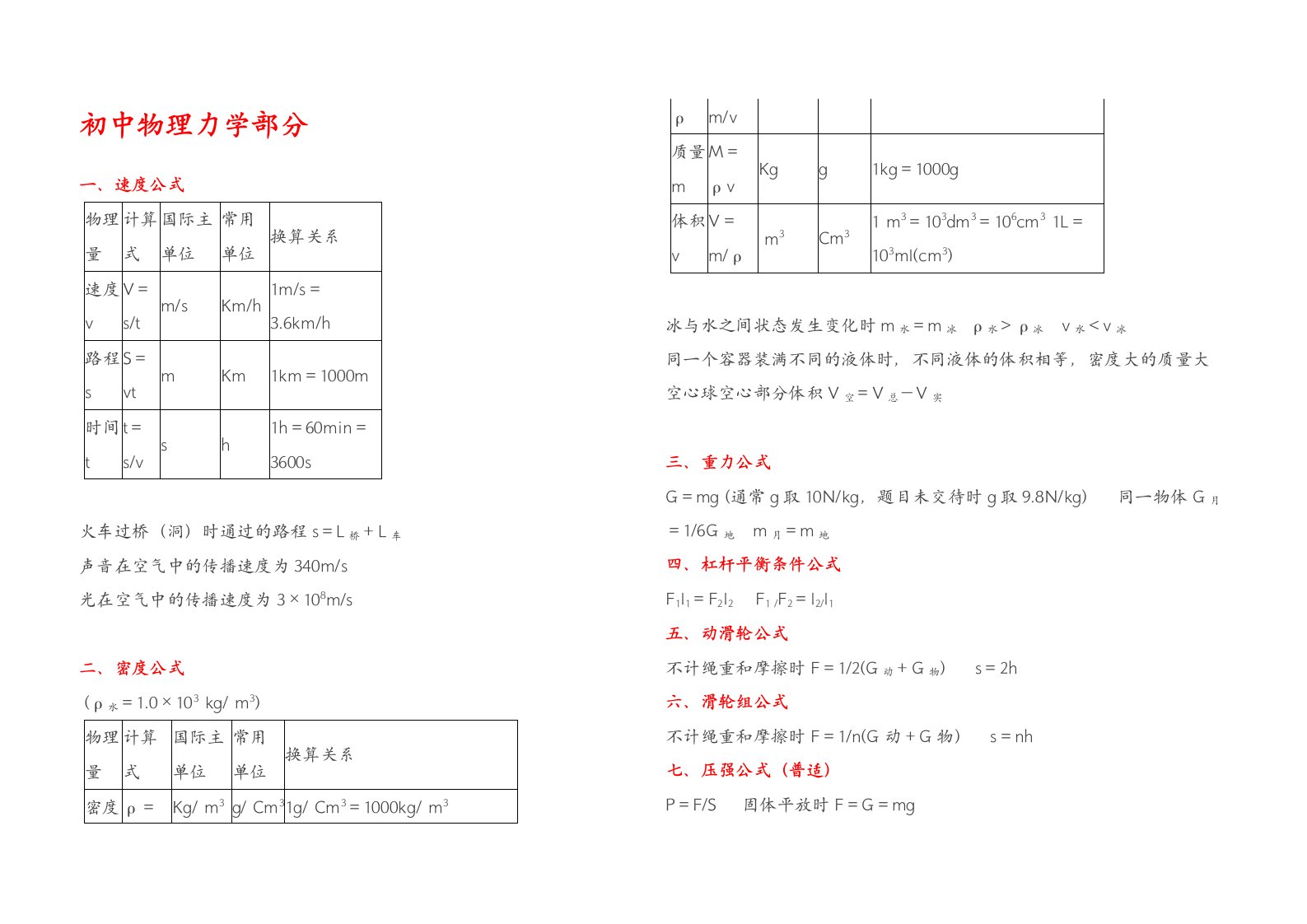 初中物理力学部分公式