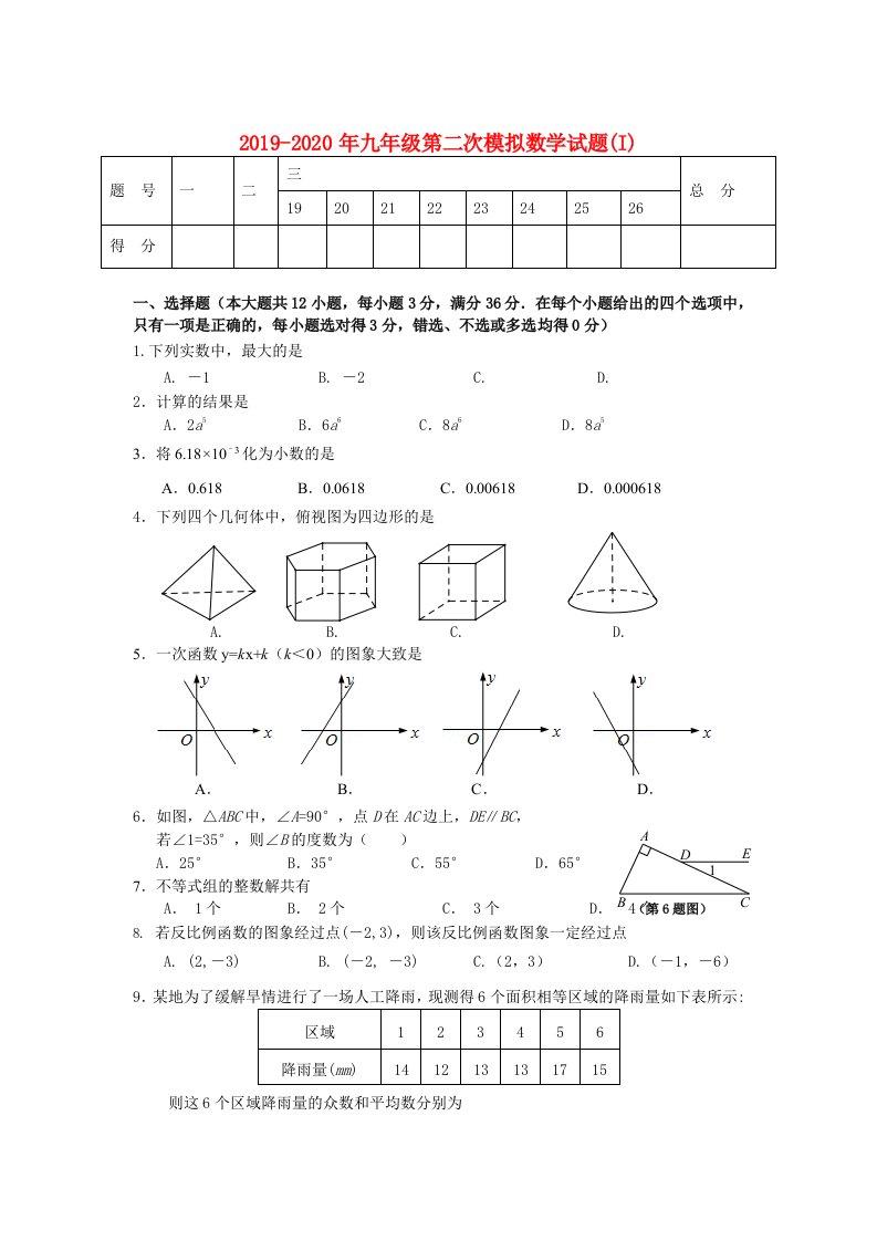 2019-2020年九年级第二次模拟数学试题(I)