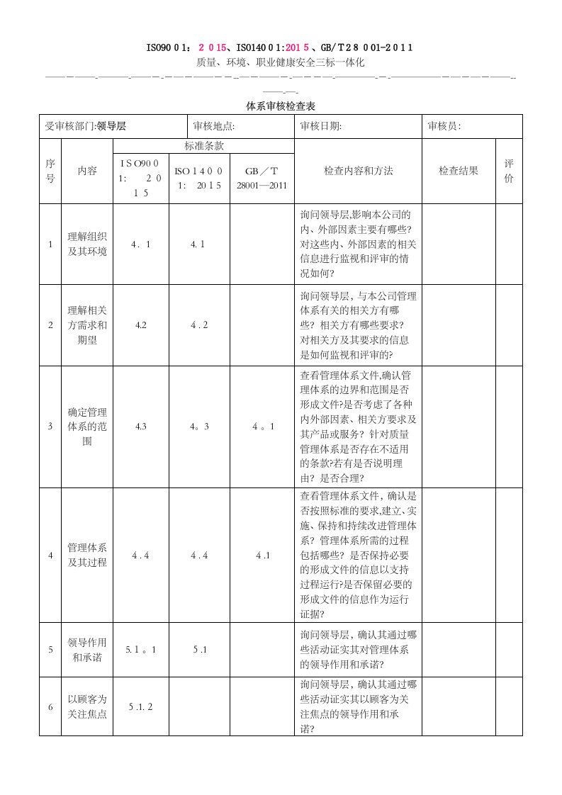 三标一体化管理体系内审检查表