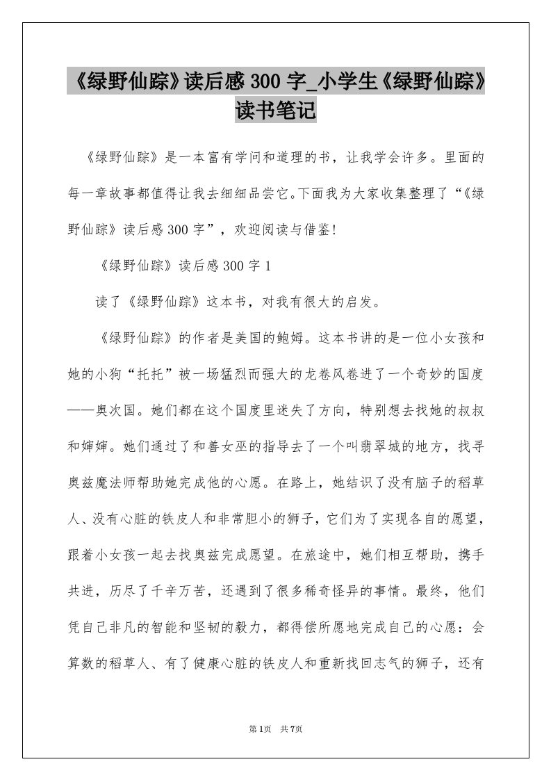 绿野仙踪读后感300字_小学生绿野仙踪读书笔记