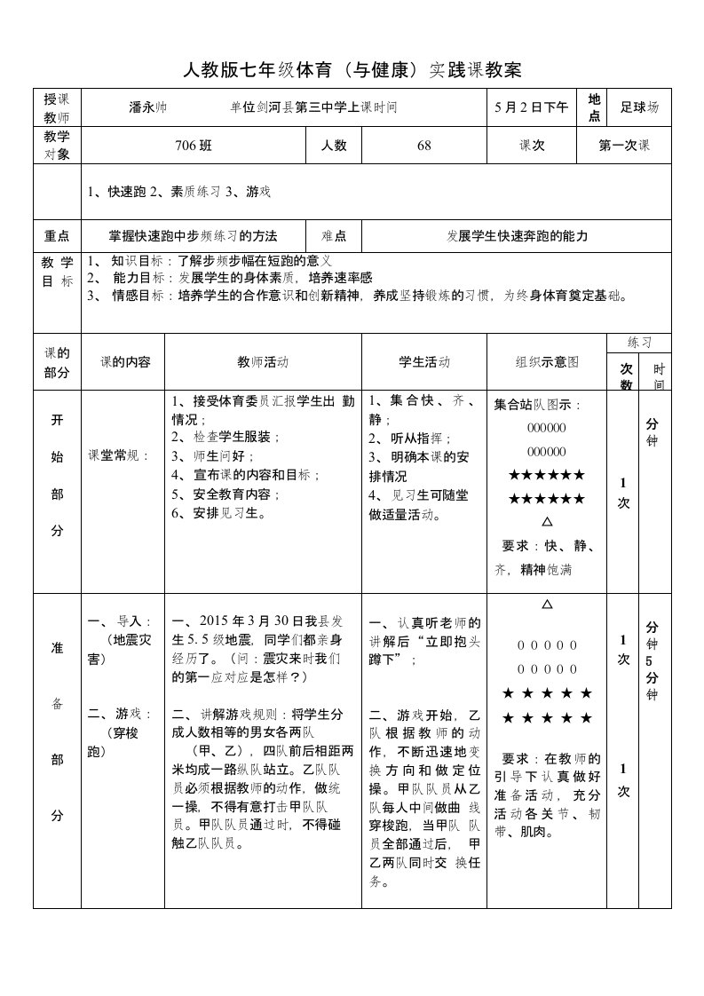 人教版七年级体育（与健康）实践课教案