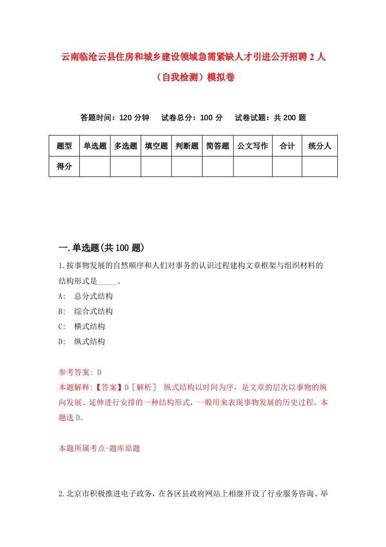 云南临沧云县住房和城乡建设领域急需紧缺人才引进公开招聘2人自我检测模拟卷第1期