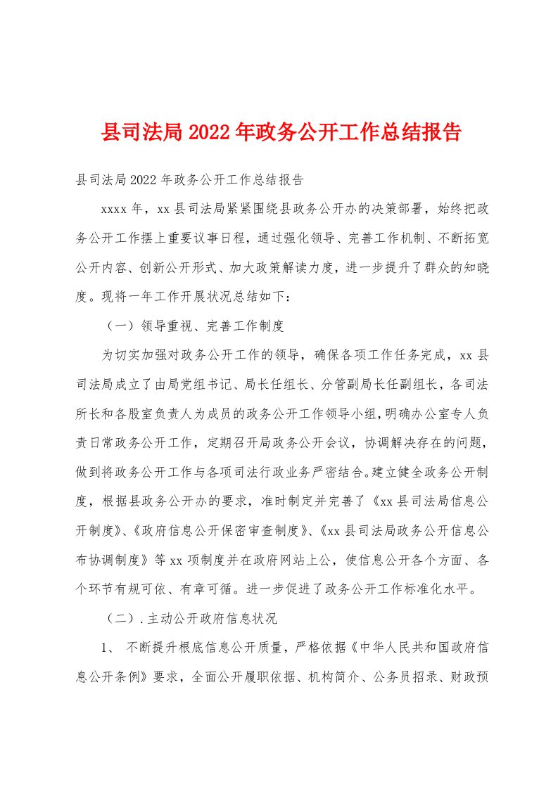 县司法局2022年政务公开工作总结报告