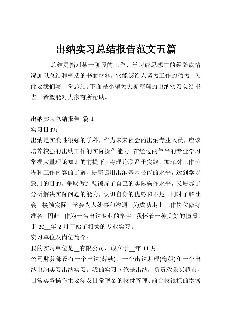 出纳实习总结报告范文五篇