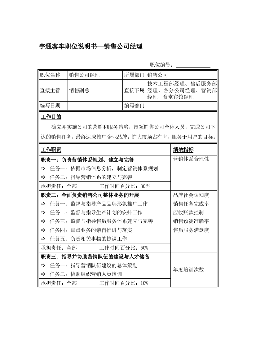 宇通客车职位说明书—销售公司经理