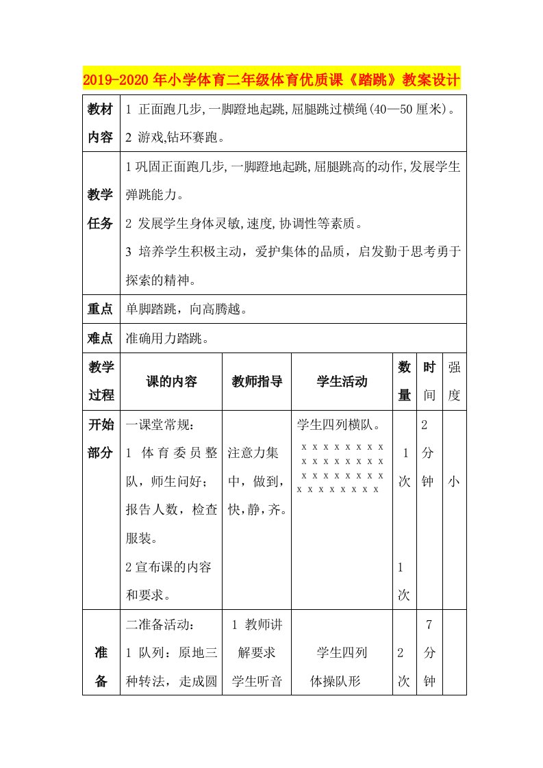 2019-2020年小学体育二年级体育优质课《踏跳》教案设计