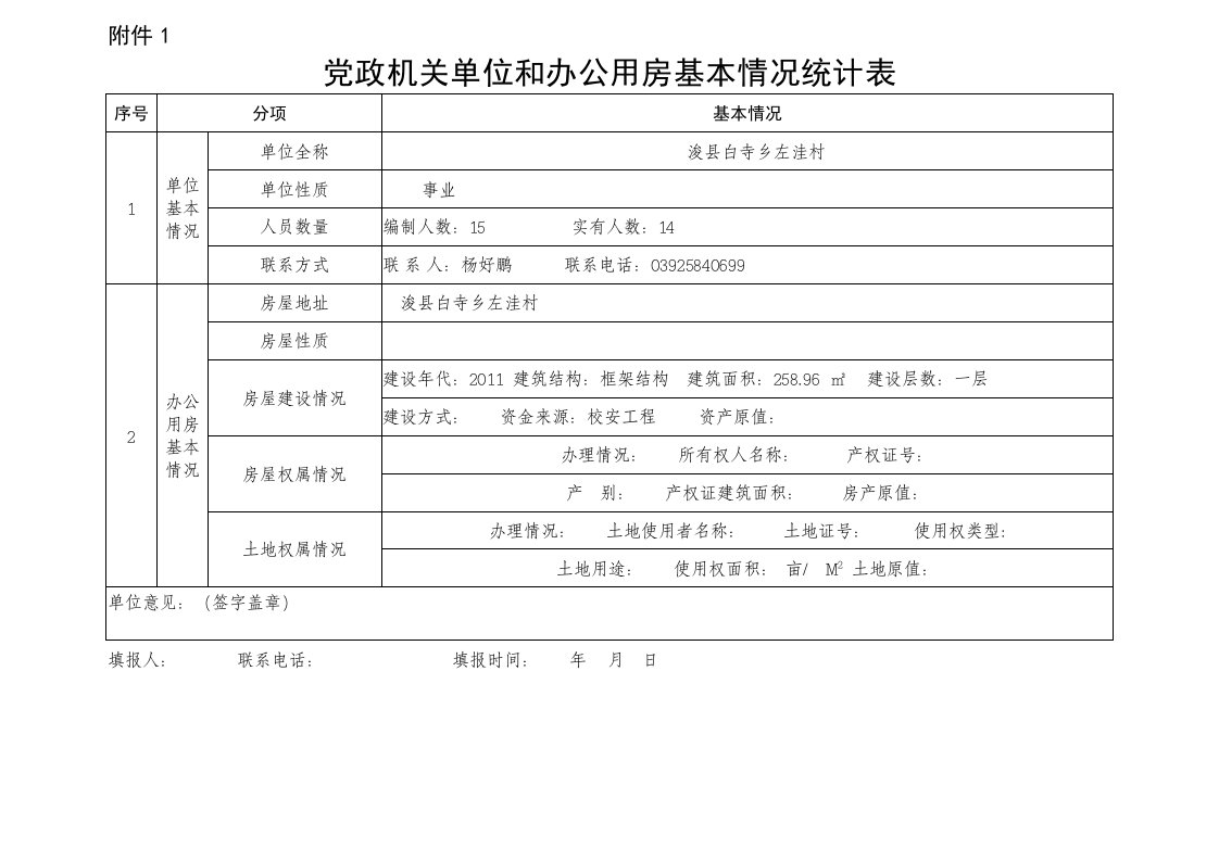 左洼学校办公用房统计表