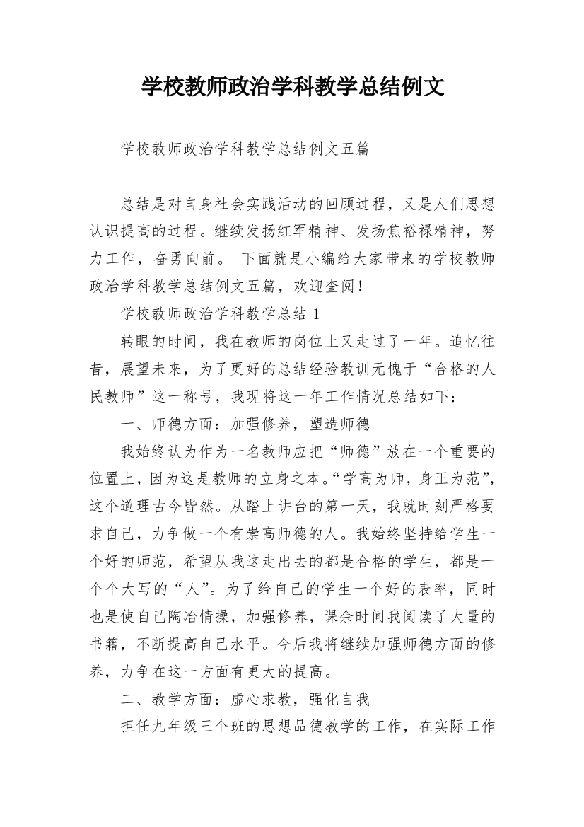 学校教师政治学科教学总结例文