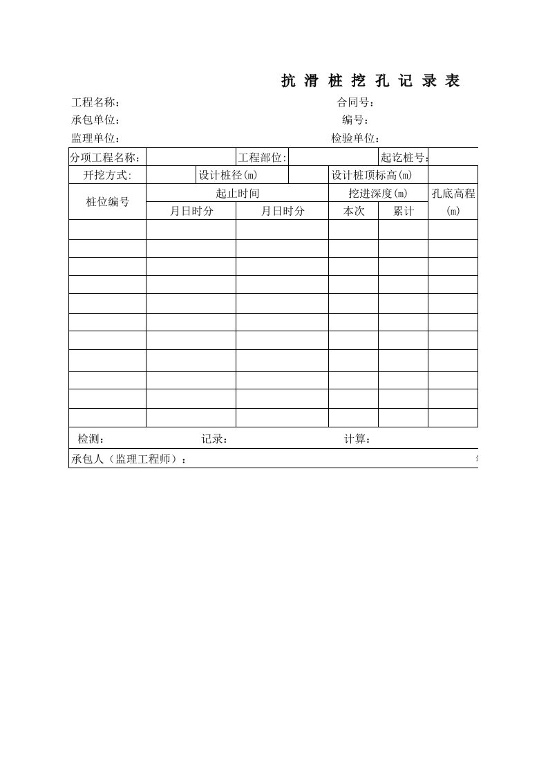 表格模板-公路工程管理用表范本抗滑桩挖孔记录表