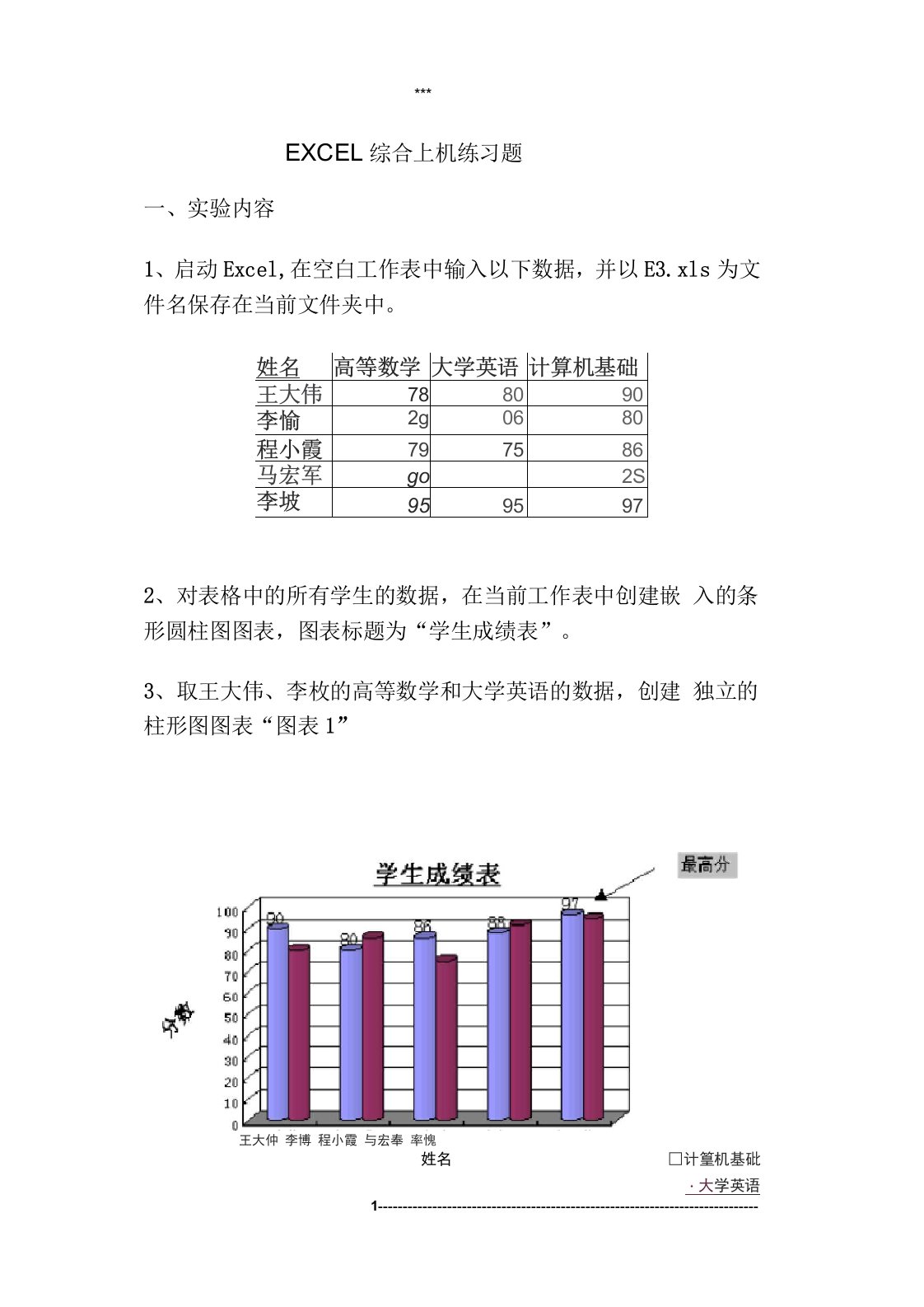 EXCEL综合上机练习题1