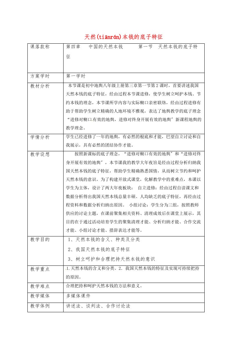 大丰区八级地理上册自然资源的基本特征教案新新人教