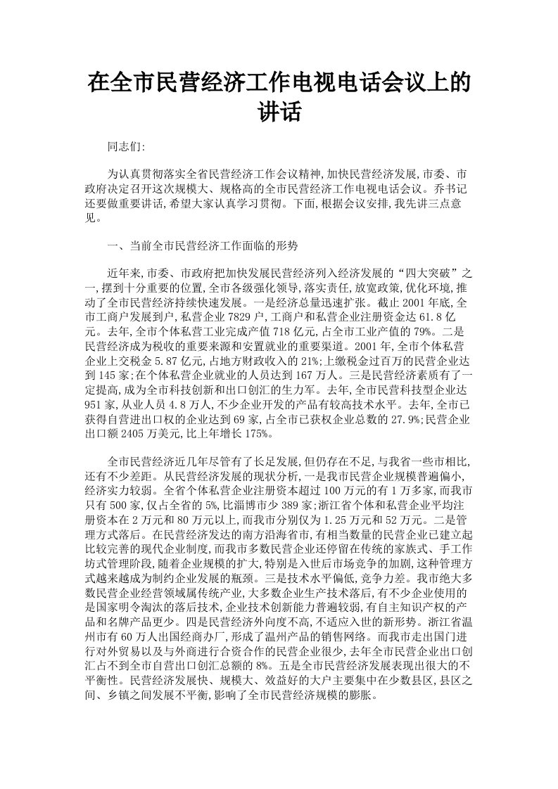 在全市民营经济工作电视电话会议上的讲话