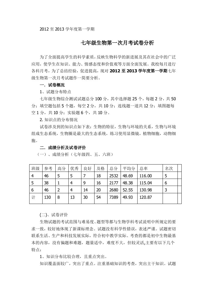 七年级生物上册月考试卷分析