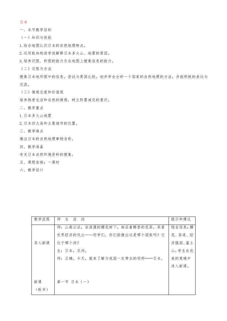 景泰县草窝滩初级中学七年级地理下册-第八章-认识国家-第一节-日本教案-(新版)湘教版公开课教案课件