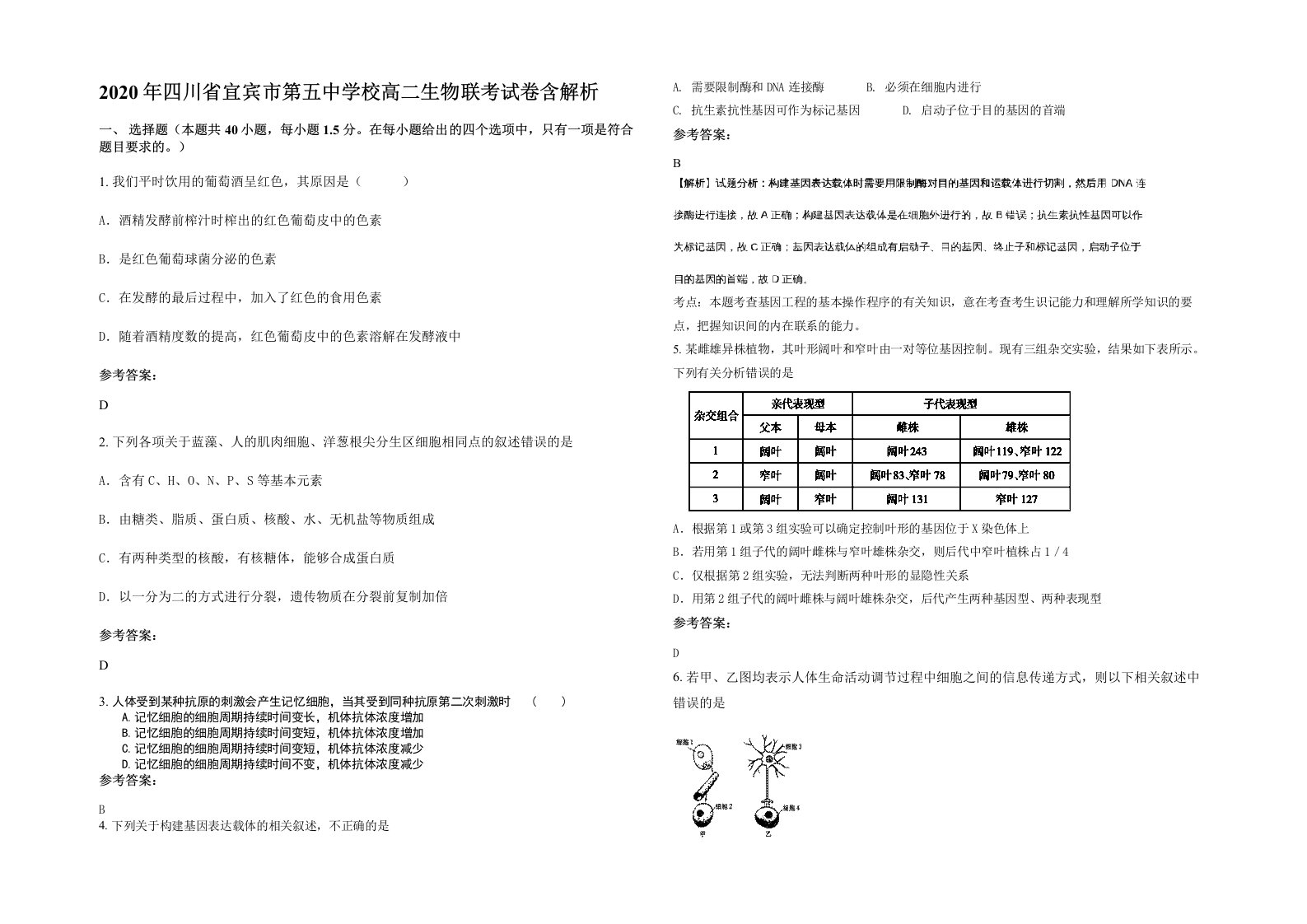 2020年四川省宜宾市第五中学校高二生物联考试卷含解析