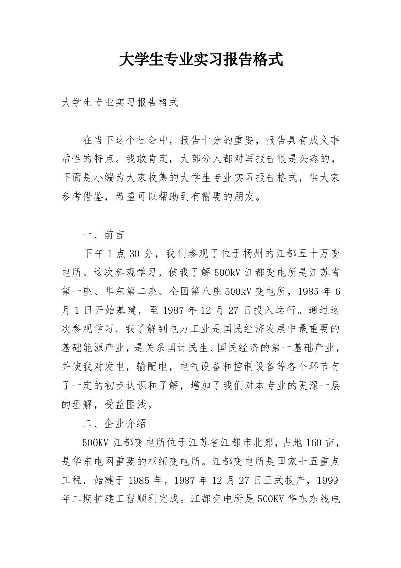 大学生专业实习报告格式