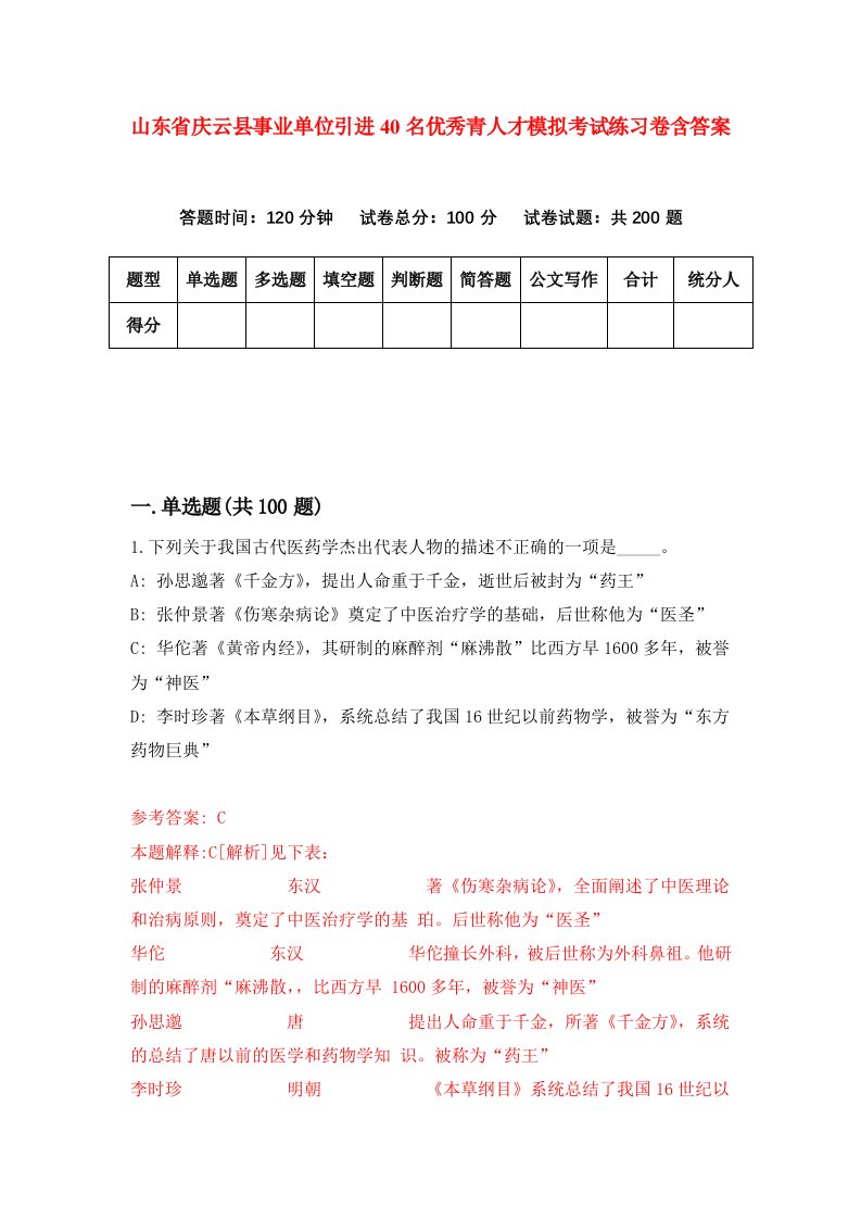 山东省庆云县事业单位引进40名优秀青人才模拟考试练习卷含答案第8期