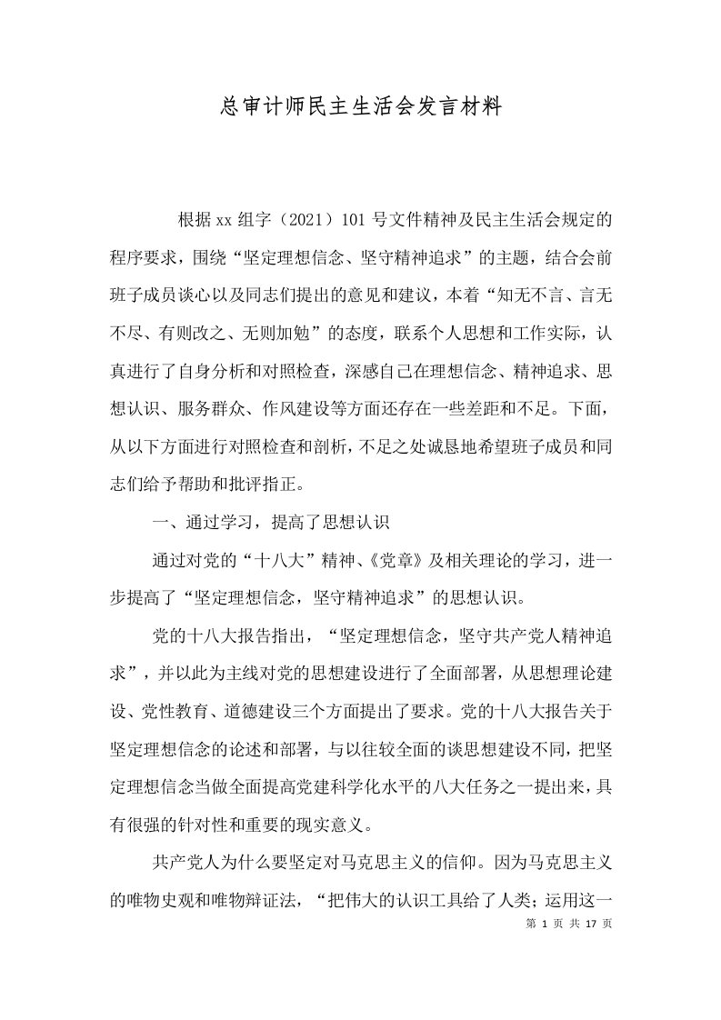 总审计师民主生活会发言材料