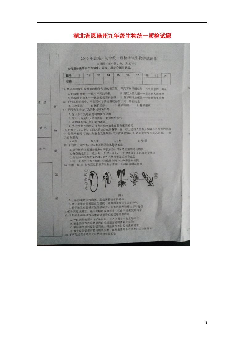 湖北省恩施州九级生物统一质检试题（扫描版）