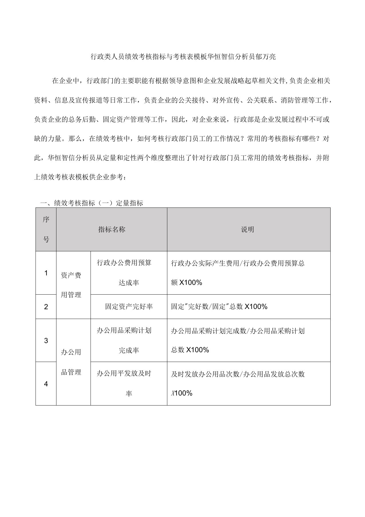 行政人员绩效考核指标与