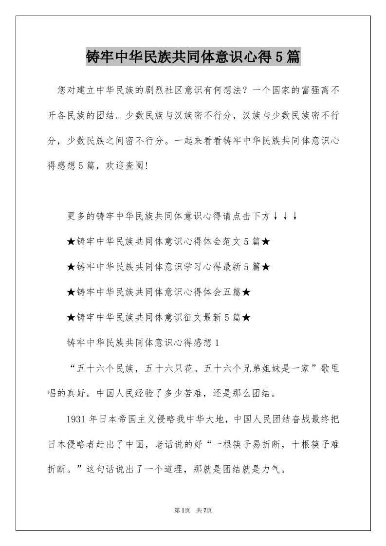 铸牢中华民族共同体意识心得5篇